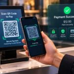 Smartphone scanning a QR code at a checkout counter with secure payment verification icons