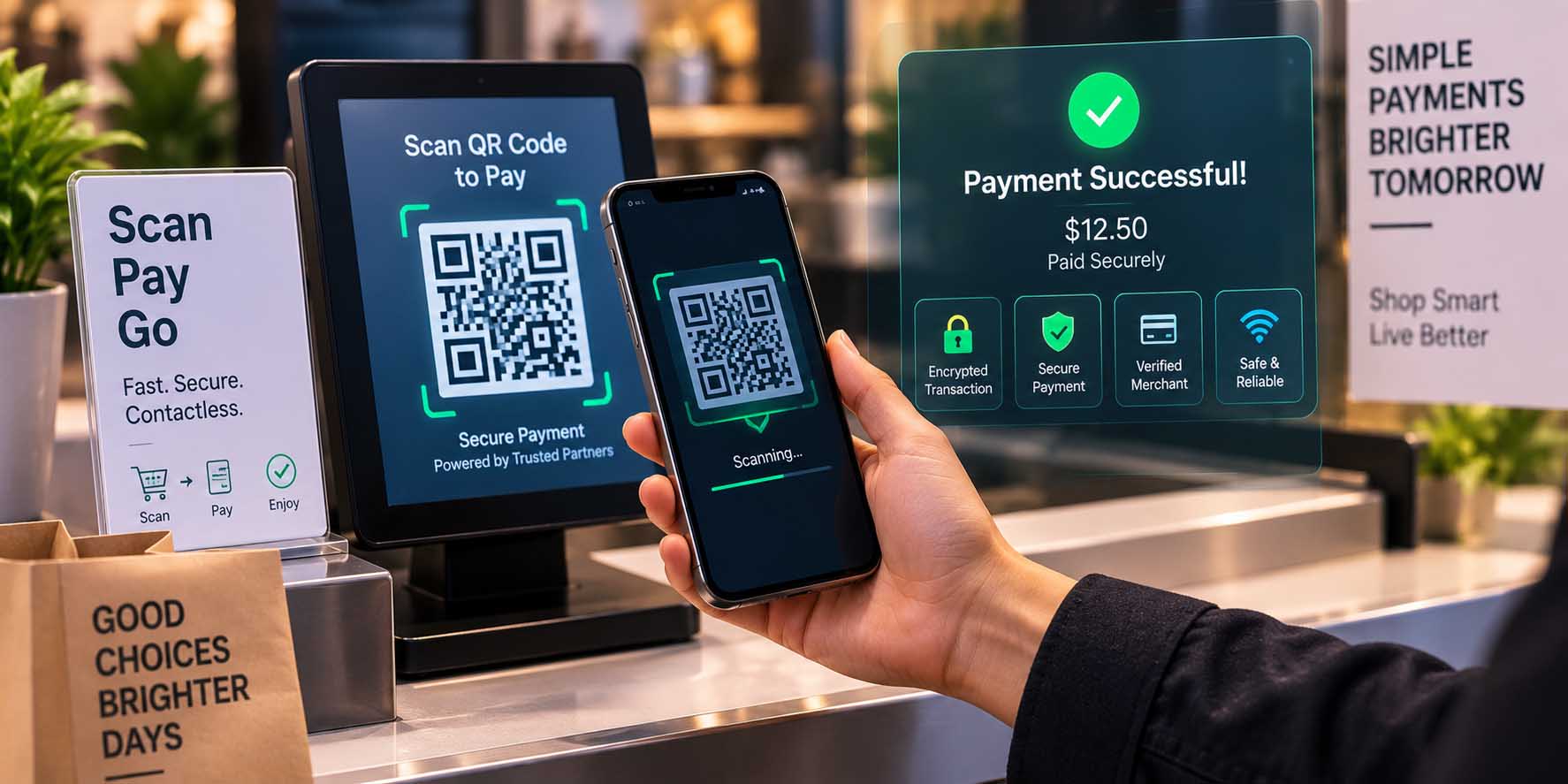 Smartphone scanning a QR code at a checkout counter with secure payment verification icons