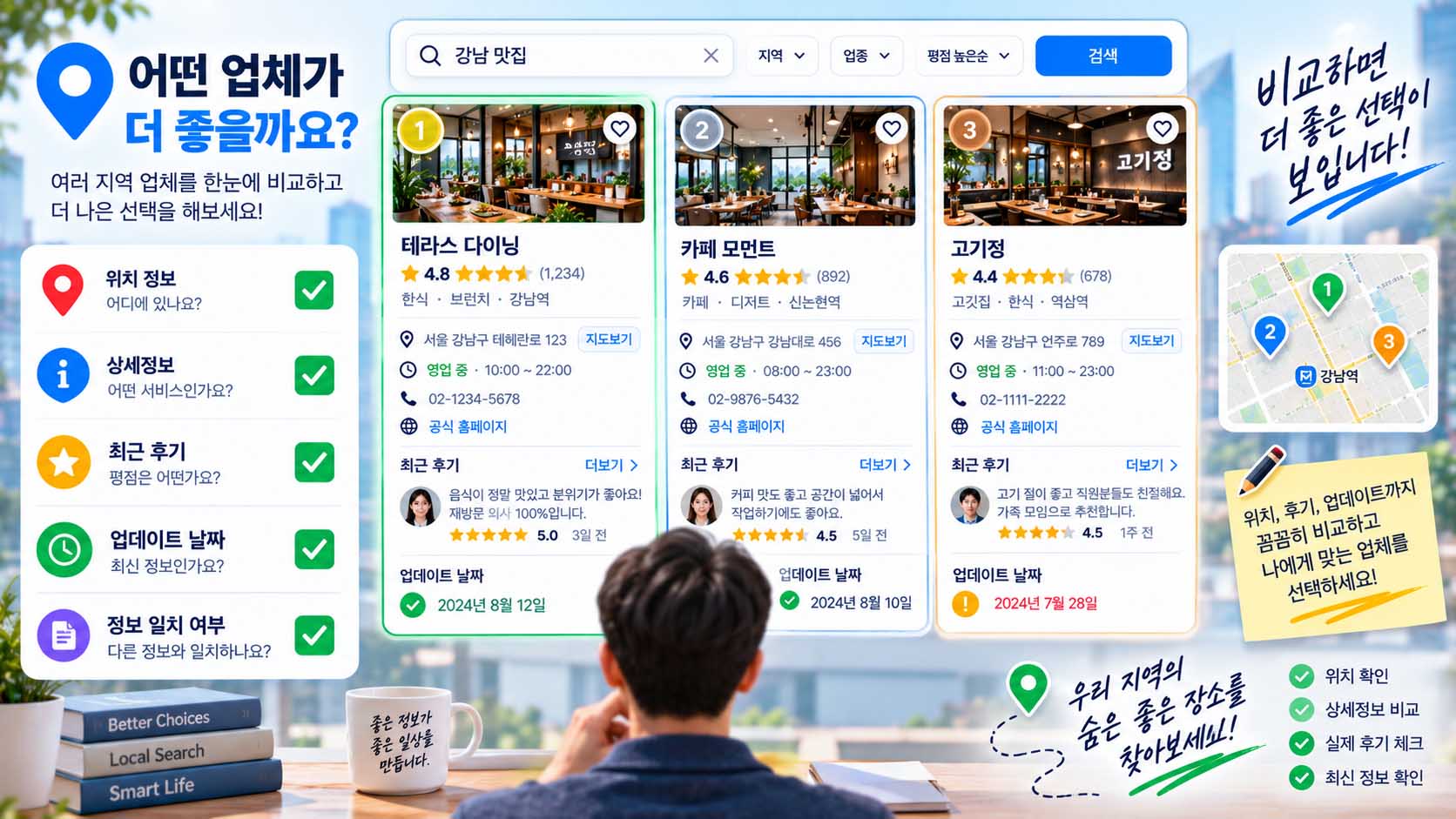 업체 비교 시 확인사항 플레이스에서 지역 업체의 위치와 상세정보를 검토하는 화면
