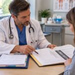 Healthcare professional comparing medical histories for pre-existing conditions and injury claims after an accident.