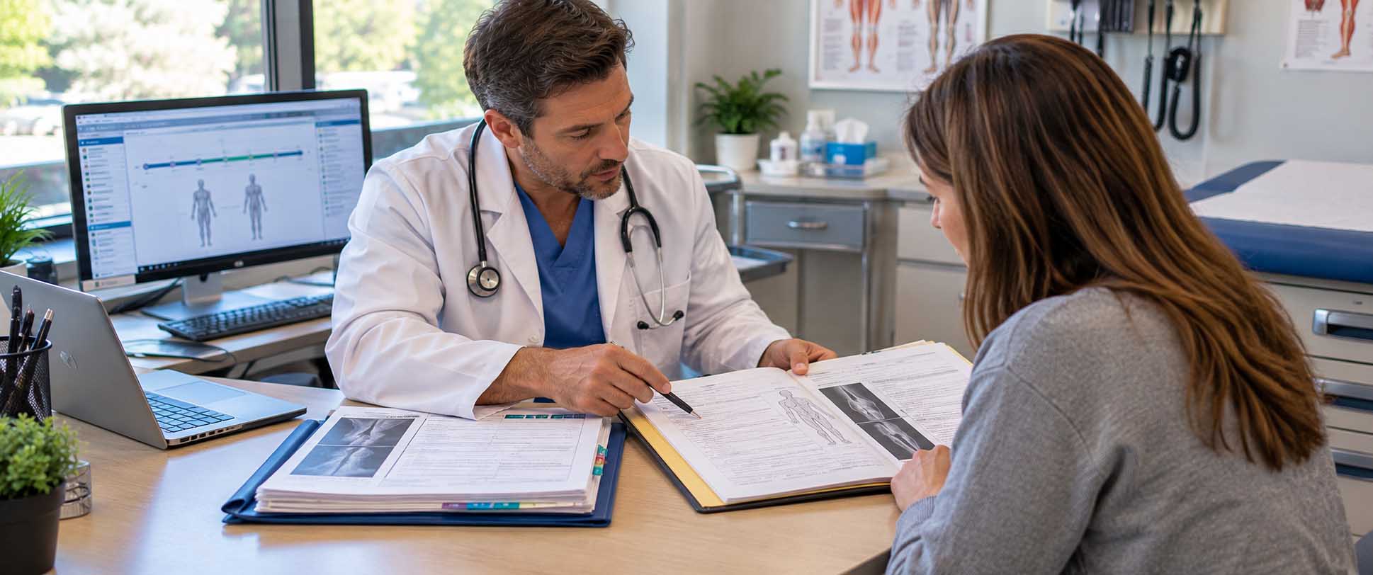 Healthcare professional comparing medical histories for pre-existing conditions and injury claims after an accident.